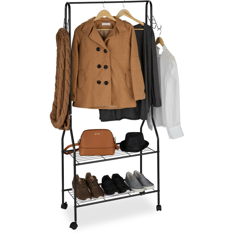 portant vêtement roulettes métal, penderie, tringle dressing, crochet, garde-robe 2 étagères chaussures, noir - relaxdays