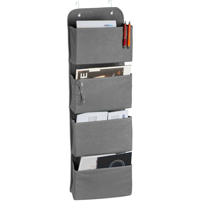 Hanging Organiser, 4 Compartments, Hanging Door Storage, Office, Bedroom, Bathroom, Hooks, Grey - Relaxdays
