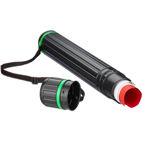 Relaxdays Portaplanos Extensible hasta A0, Tubo para Guardar Láminas, Carteles, Planos 64-100cm, Plástico, Negro/Verde