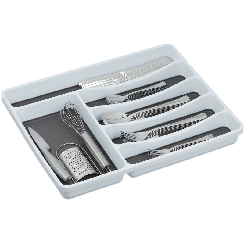 Cutlery Tray, Kitchen Drawer Insert, for Silverware & Cooking Utensils, 4.5 x 33 x 40 cm, Plastic, White/Grey - Relaxdays