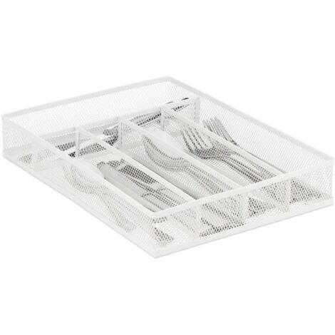 relaxdays Portaposate da Cassetto, Metallo, Organizer per la Cucina, 5 Scomparto, Divisori, HxLxP 5,5x23,5x32 cm, Bianco