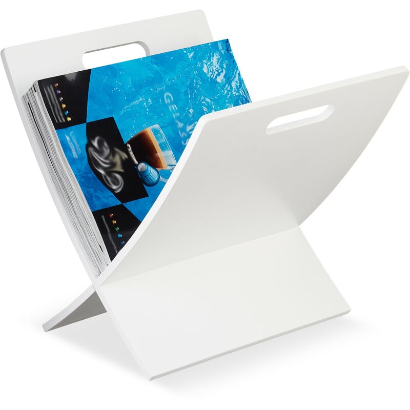Newspaper Stand, Magazine Holder, Letter, Document, Storage, Decor, Handle, Wood, HxWxD: 31 x 30 x 34cm, White - Relaxdays