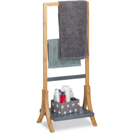 Relaxdays Portasciugamani, Bambù e MDF, Ripiano e 3 Aste, Portasalviette da Terra, HxLxP: 103x41x28 cm, Naturale Grigio