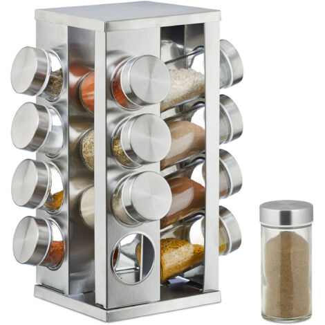relaxdays Portaspezie con 16 Barattoli, Girevole a 360°, Tappi Spargispezie, Acciaio Inox, Argento