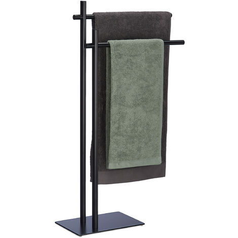 Relaxdays Portatoallas de Pie Metálico, Toallero con 2 Barras, 87,5 x 51 x 20 cm, Acero, Galán de Noche para Baño, Negro