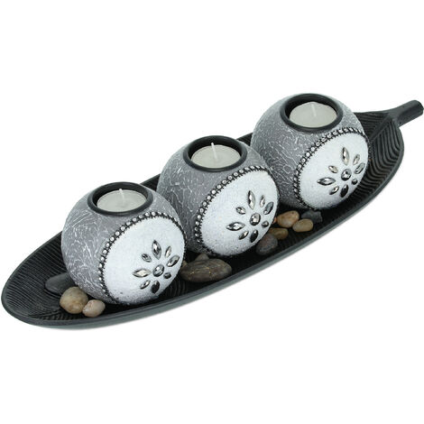 Relaxdays Portavelas Bandeja y Piedras decorativas, 40,5 cm largo, Centro mesa Salón, Candelero, Gris, Negro y Blanco
