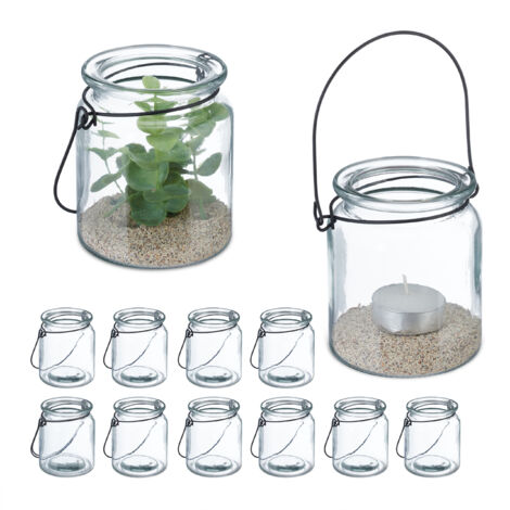 Relaxdays Portavelas Cristal, Set de 12, Porta Velas con Asa, 9,5 x 8 cm, Tarros Vidrio Redondos, Transparente/Negro