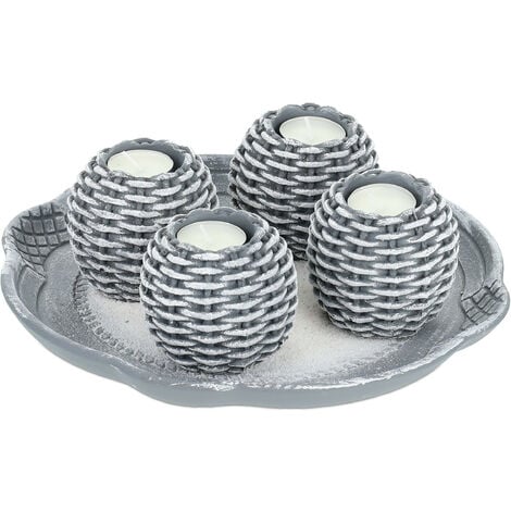 Relaxdays Portavelas con Cuenco Decorativo y Velas Pequeñas, Centro de Mesa,  DM-Arena, 1 Ud., 38,5 cm Largo, Gris