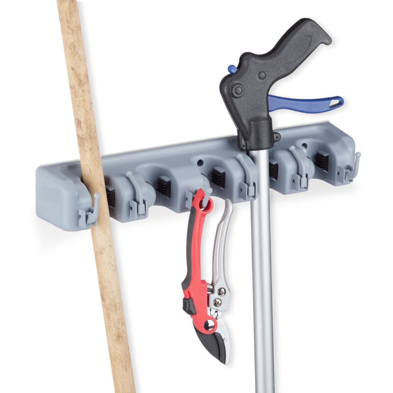 Relaxdays - Porte-balai en fixation murale, lot de 2, 5 supports muraux, 5 crochets, Rangement à outils pour le mur, 40 cm, pp, gris