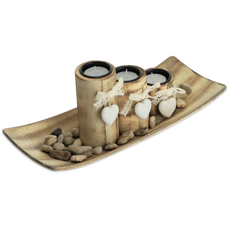 Relaxdays - Porte-bougies en lot avec plateau et pierres, 34 cm de longueur, 3 bougeoirs, décoration table salon, marron