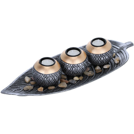 Relaxdays Porte-bougies lot, 3 bougeoirs rond pour bougies chauffe-plat, plateau forme feuille, pierres, argenté-doré