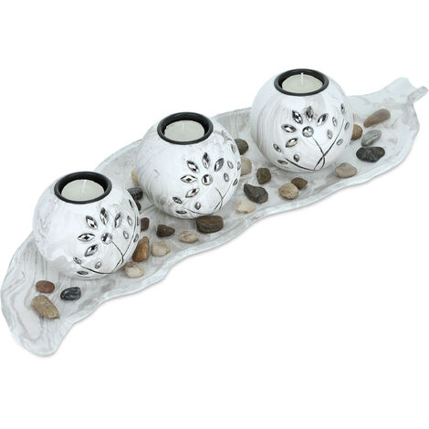 Relaxdays Porte-bougies lot, 3 bougeoirs rond pour bougies chauffe-plat, plateau forme feuille, pierres, gris-blanc
