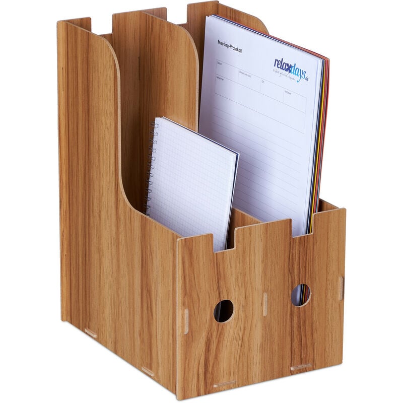 Porte-documents, 2 compartiments, format A4, cahiers & dossiers, bureau et école, range-magazines, mdf, marron - Relaxdays