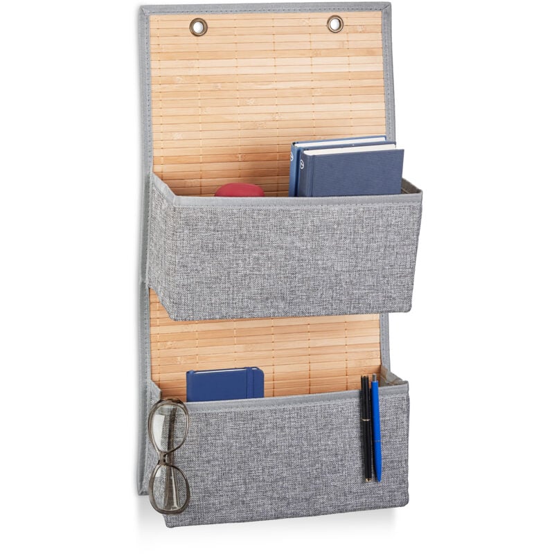Rangement mural, lot de 4, organiseur à suspendre 3 compartiments, salle de bain, HxLxP: 62x33x12 cm, bambou tissu, gris