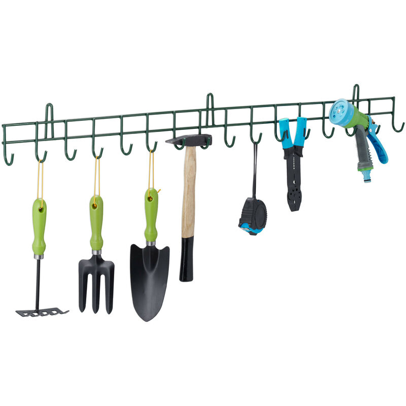 Relaxdays Porte-instruments outils de jardin, 16 crochets, jusqu’à 80 kg, mural, HLP : 12x100x5 cm, porte-outils, vert