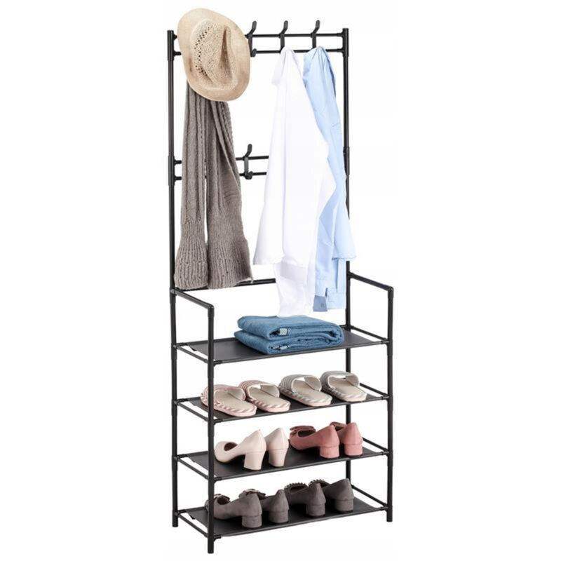 Relaxdays Porte-manteau, 4 étagères à chaussures, 8 patères doubles, entrée, 150,5x59,5x25 cm, acier noir