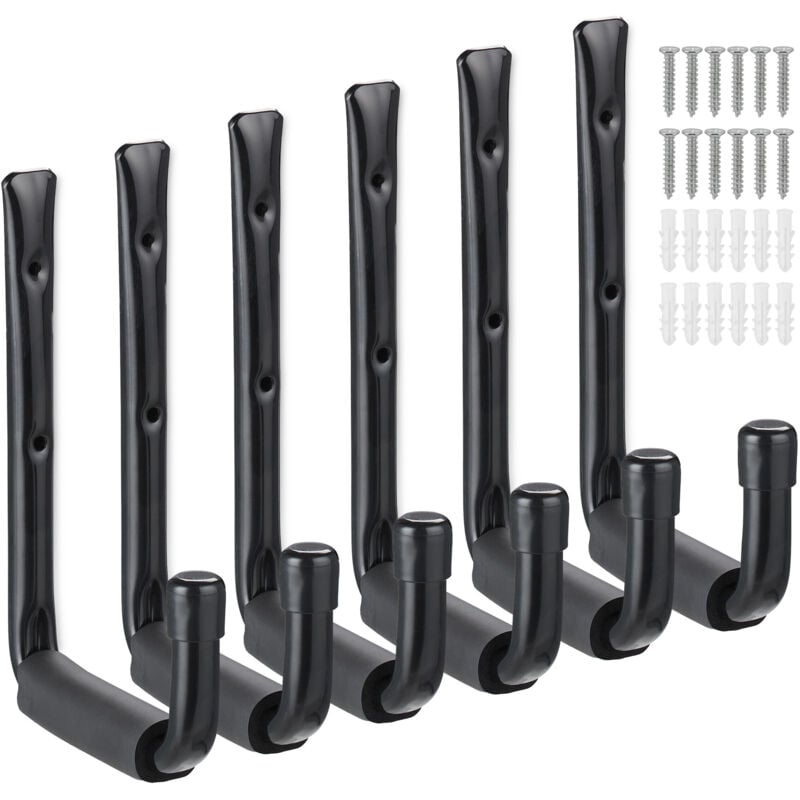 Relaxdays - Porte-outils en lot de 6, charge maximale par crochet : env. 40 kg, atelier, cave, acier et mousse, noir