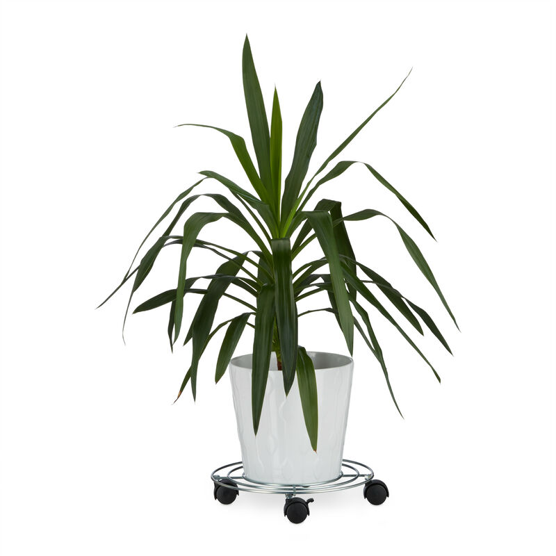 Porte plantes à roulettes avec freins support pot de fleurs rond en métal HxlxP: 6 x 32 x 32 cm, argenté - Relaxdays