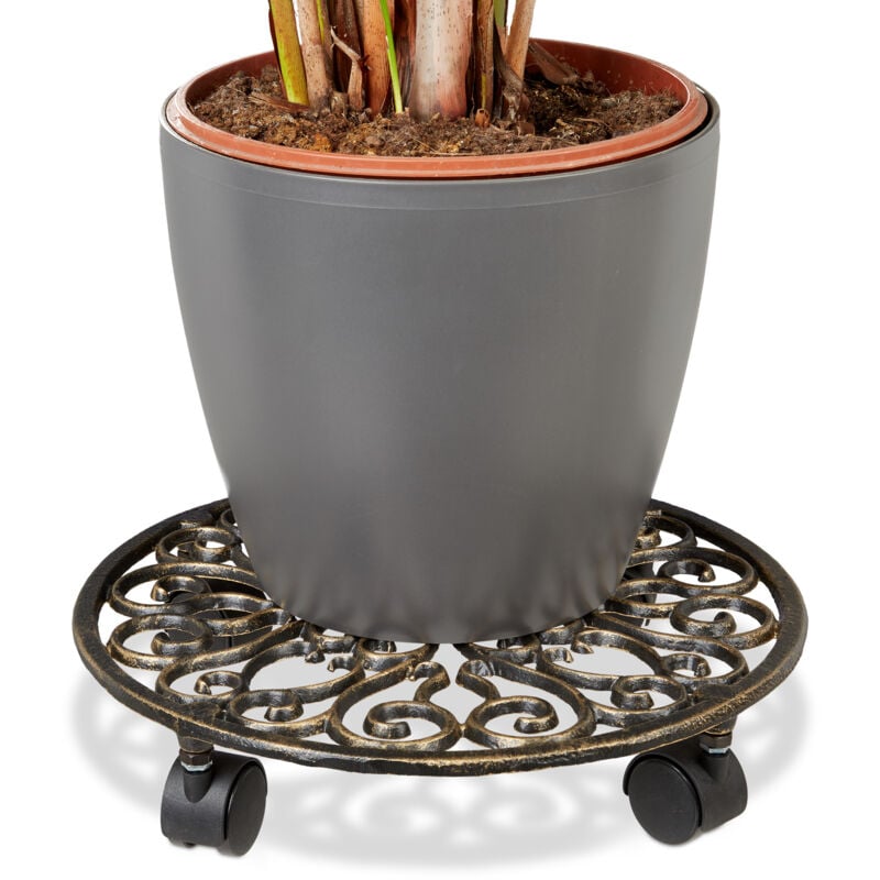 Porte-plantes à roulettes, lot de 3, fonte, support pot de fleurs, 4 roues, D: 33,5 cm, rond, design antiquités, bronze