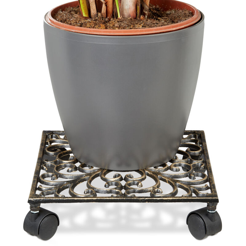 Porte-plantes à roulettes, lot de 3, support pot de fleurs, 4 roues, d: 33,5 cm, carré, design antiquités, bronze