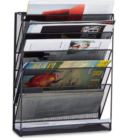 Relaxdays – Porte-revues mural 6 casiers en métal noir – Dimensions HxlxP: 40 x 32 x 10 cm – Pour magazines A4 et brochures – Installation facile