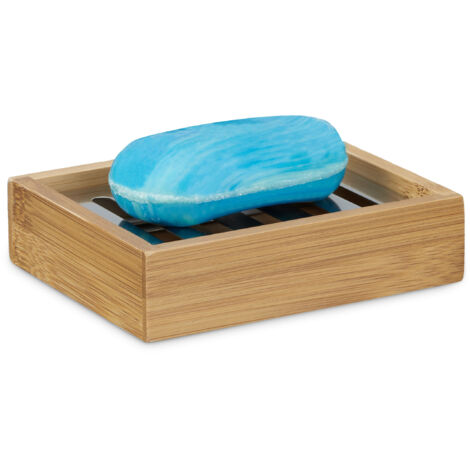 Relaxdays Porte-savon bambou, rectangle, grille en inox. support pour savon, salle de bain HxlxP : 3x12,5x10 cm, nature
