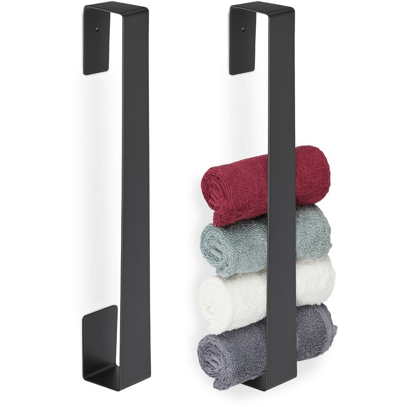 Relaxdays - Porte-serviettes mural, lot de 2, barre chiffon 45 cm, inox, autocollant, salle de bain, serviettes invités, noirs