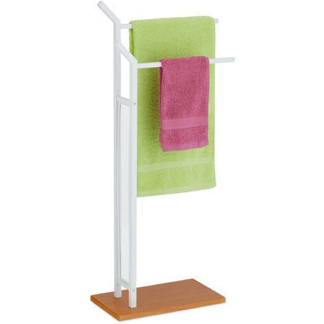 Relaxdays Porte-serviettes, 2 barres, fer, HxLxP : 88x39x20 cm, support draps de bain à poser, blanc/marron