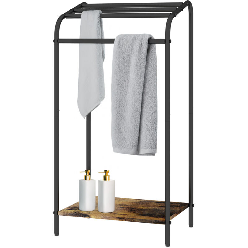 Relaxdays Porte-serviettes avec tablette, HxLxP 79,5x41,5x28,5 cm, industriel, 4 barres, sur pied, marron foncé/noir