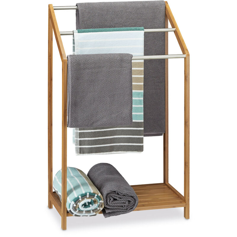 Porte-serviettes en bambou sur pied 3 barres HxlxP: 85 x 51 x 31 cm support serviette salle de bain, nature - Relaxdays
