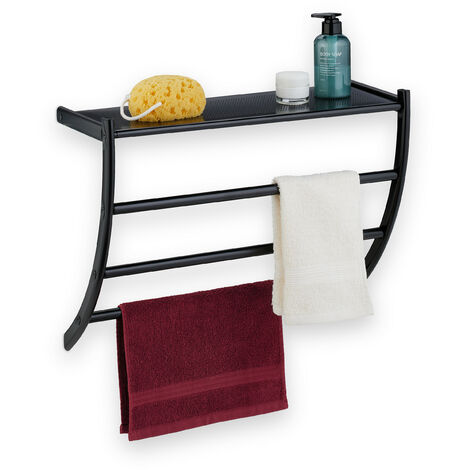 Relaxdays – Porte-serviettes mural noir en acier – 3 barres pour serviettes – Tablette de rangement 53,5 x 20 cm – Fixation murale incluse