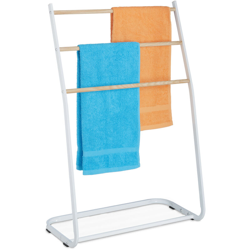 Porte-serviettes sur pied, métal, 3 traverses aspect bois, pour serviettes, HxLxP : 87 x 58 x 29,5 cm, blanc - Relaxdays