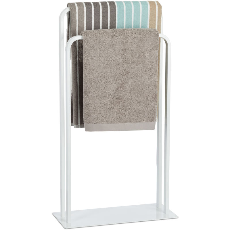 Porte-serviettes sur pied, Support pour serviettes de bain 2 barres, forme de u, 81 x 45 x 20 cm, blanc - Relaxdays