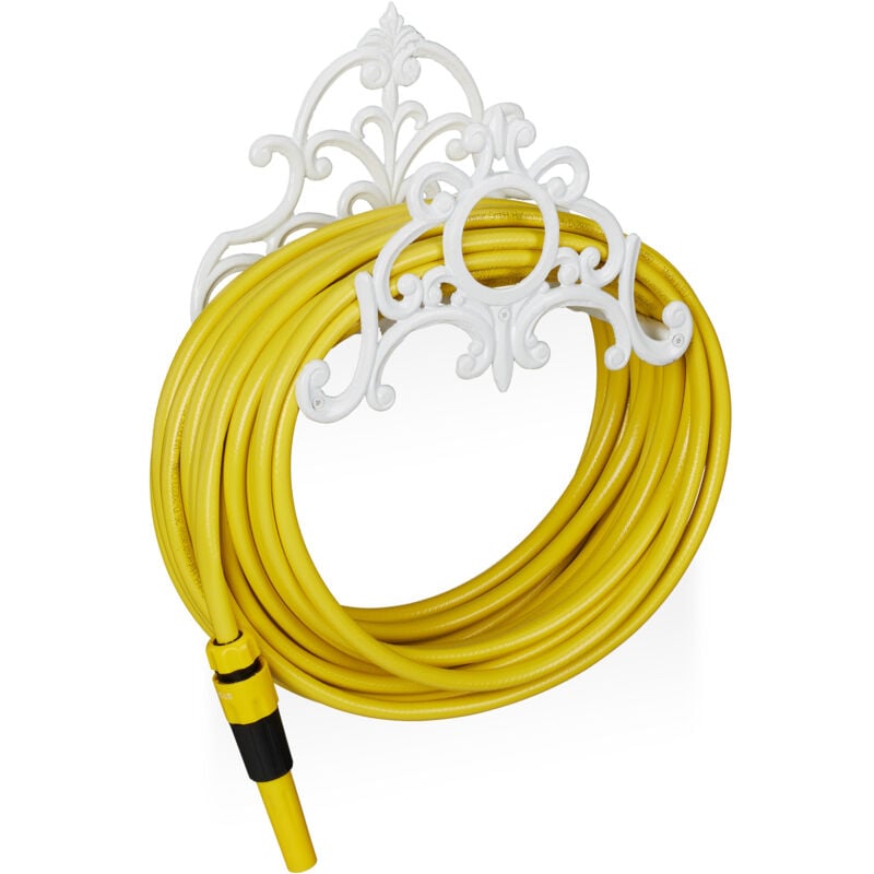 Porte tuyau arrosage support tuyau arrosage fonte fer HxlxP: 24 x 31,5 x 15 cm, blanc - Relaxdays