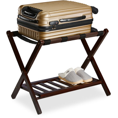   Porte-valise pliant, bois, H x L x P : 54,5 x 66 x 44,5 cm, 2 étagères, repose bagages hôtel, marron