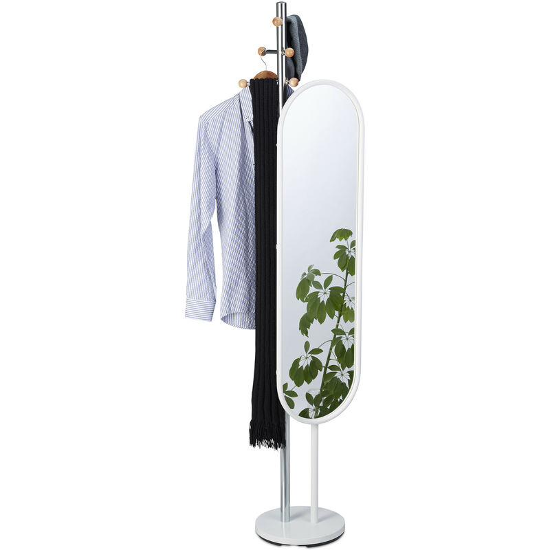 Relaxdays - Portemanteau avec grand miroir pivotant, Porte-vêtements chambre dressing entrée, 175 cm de haut, acier blanc