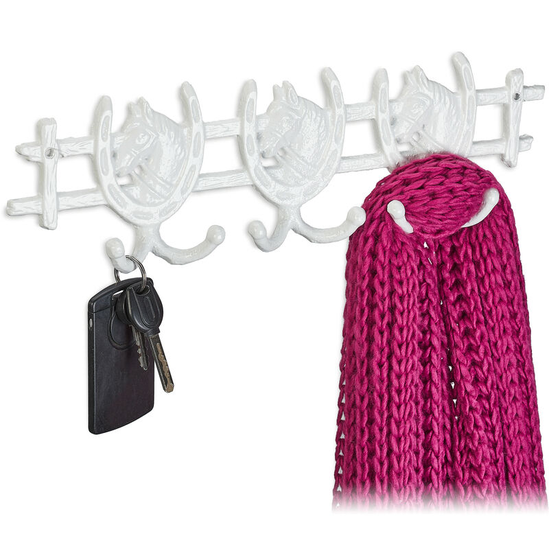 Portemanteau design fer à cheval, en fonte, HxLxP : 11x36,5x3,5 cm, 6 crochets, style antique, blanc - Relaxdays