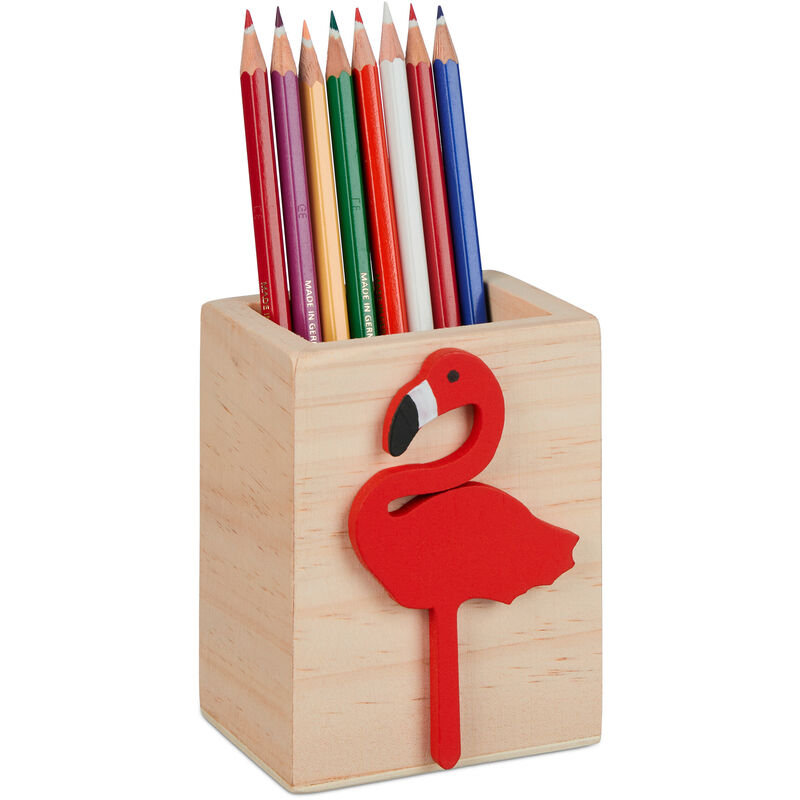Relaxdays Pot à crayons flamant rose, bois, HxLxP : 10 x 8 x 6 cm, porte-stylos pour bureau, pinceaux, nature - rouge