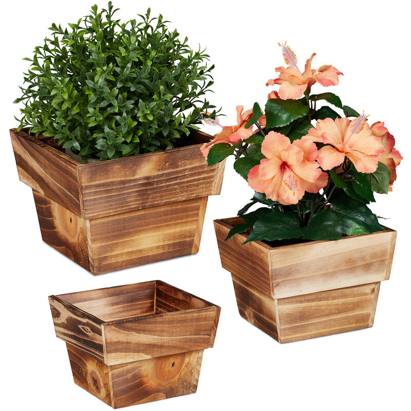Pot à fleurs en jeu de 3, bois flambé, pour extérieur et intérieur, carré, décoration pour plantes, nature - Relaxdays