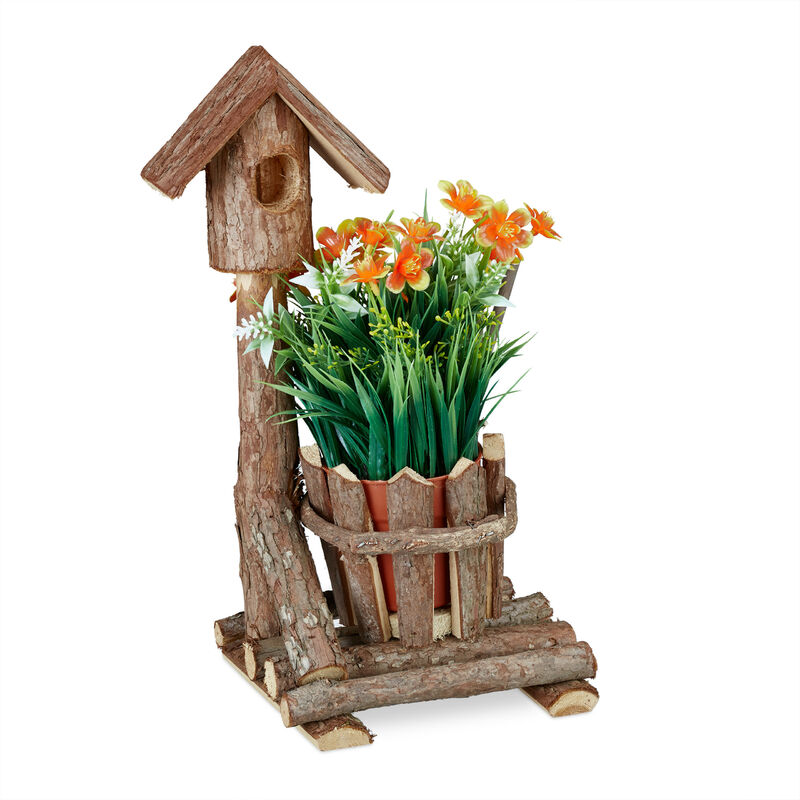 Relaxdays Pot de fleurs en bois, avec maison d’oiseau de déco & de la mousse, rond, décoration rustique, marron