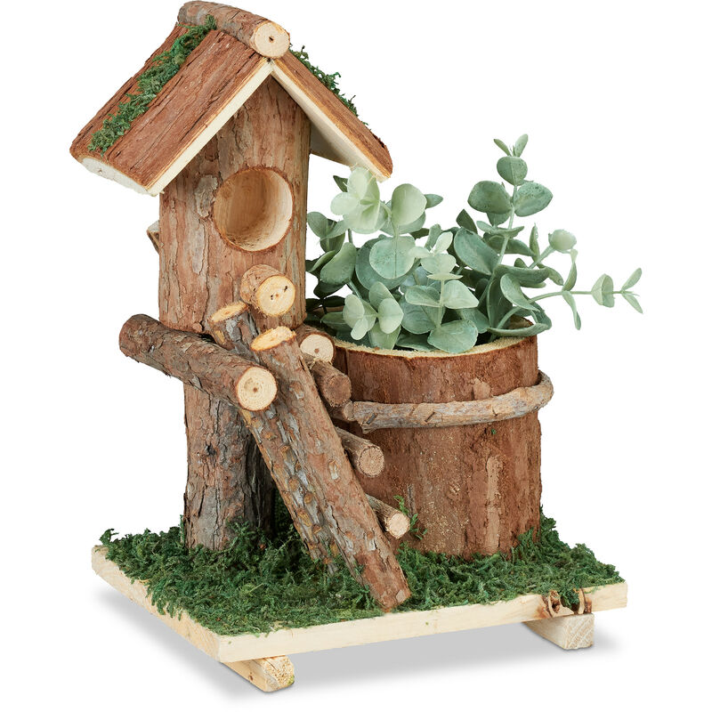 Pot de fleurs en bois, avec maison d'oiseau de déco & la mousse, souche d'arbre, décoration rustique, marron - Relaxdays