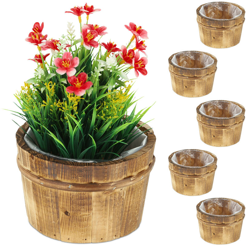 Relaxdays - Pot de fleurs en bois, lot de 6, pour plantation et décor de jardin, balcon et fenêtre, HxD : 10x16 cm, nature