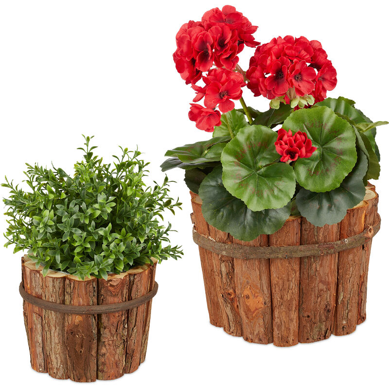 Pot de fleurs en lot de 2, bois de sapin avec écorce, extérieur et intérieur, rond, deux tailles, nature - Relaxdays