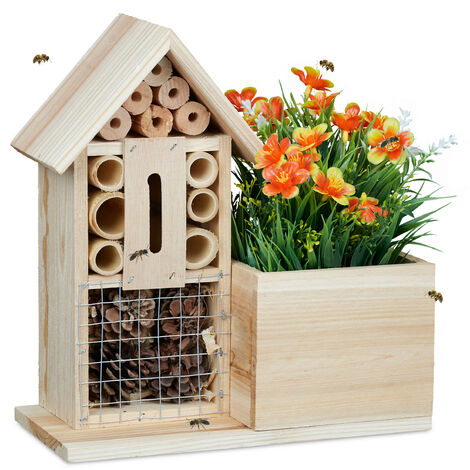Relaxdays Pot de fleurs Hôtel à insectes, Nid avec plantes 2 en 1, herbes, bois, HLP: env. 26 x 24 x 12 cm, naturel