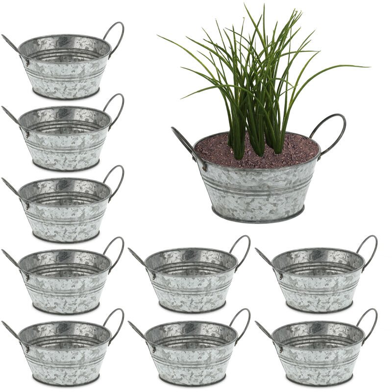 Pot en zinc lot de 10, jardinières pour plantes look rétro, herbes aromatiques, HxLxP : 10,5x20x15cm, argenté - Relaxdays