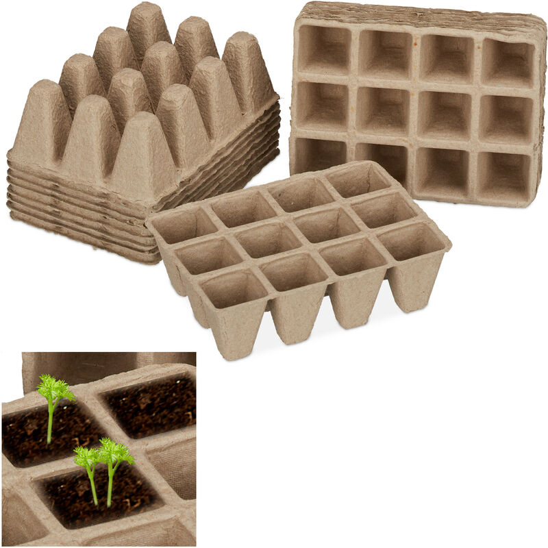 Relaxdays - pot jardinage en set, pour plantes, carré, 204 pièces, cellulose, diamètre : 5 cm, beige