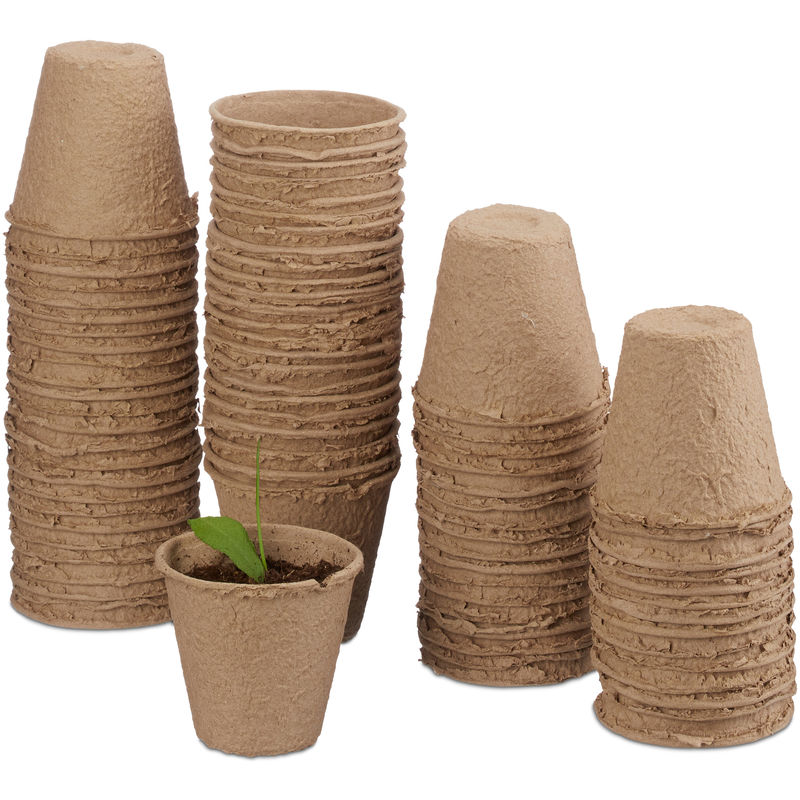 Relaxdays - pot jardinage en set, pour plantes, rond, 80 pièces, cellulose, diamètre : 6 cm, beige