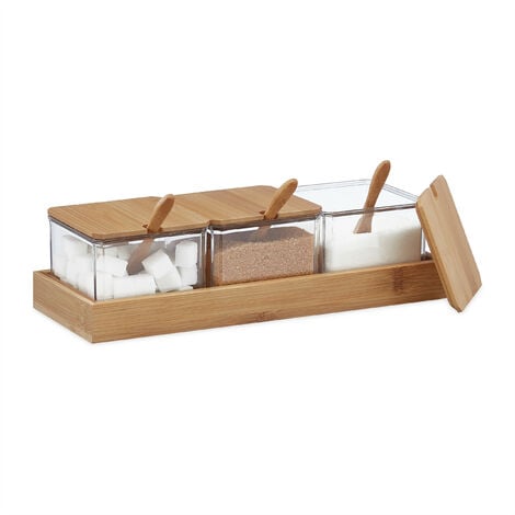 Relaxdays Pots à épices, lot de 3, bocaux avec cuillère et couvercle, plastique, bambou, plateau, cuisine, transparent