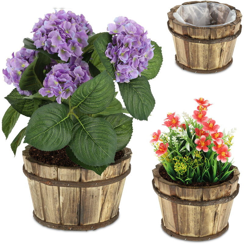 Pots de fleurs en bois, lot de 3, châtaignier, flambé, avec film plastique, jardin, différentes tailles, brun - Relaxdays