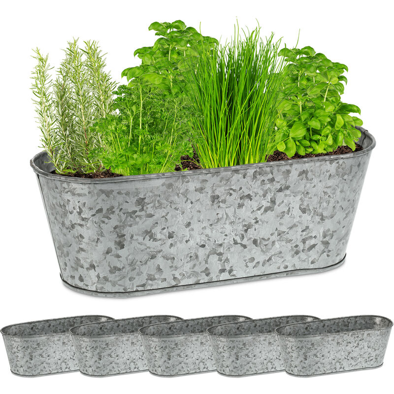 Pots en zinc lot de 6, bacs à plantes zingués, seaux en métal ovales, HxLxP : 11 x 30,5 x 13,5 cm, argenté - Relaxdays